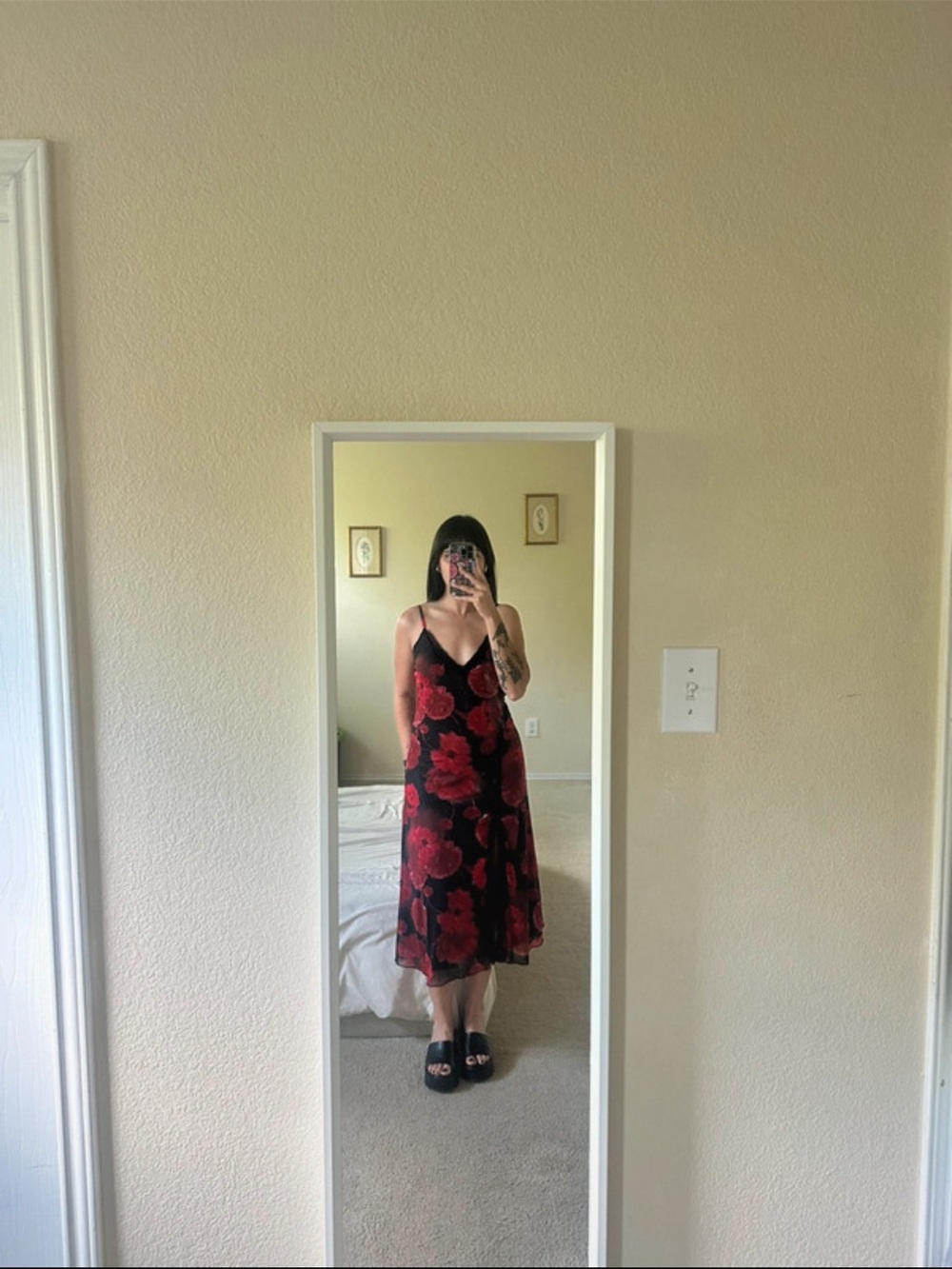Persaya Black Slip Midi Dress with Red Floral Print